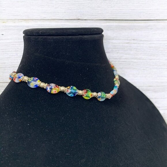 Millefiori Art Glass Necklace Multicolor Floral Design Gold Faux Pearl 15.5"L - Picture 4 of 4